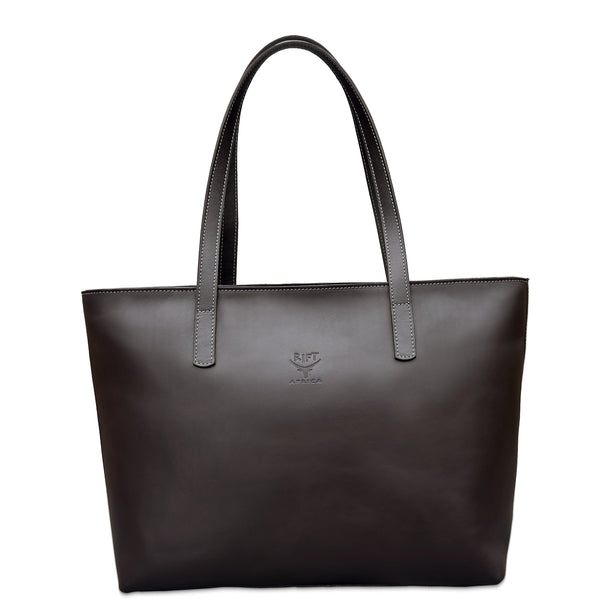 Black leather tote bag with a visible brand logo on a white background