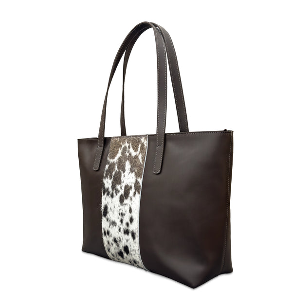 Brown tote bag with a spotted pattern on a white background