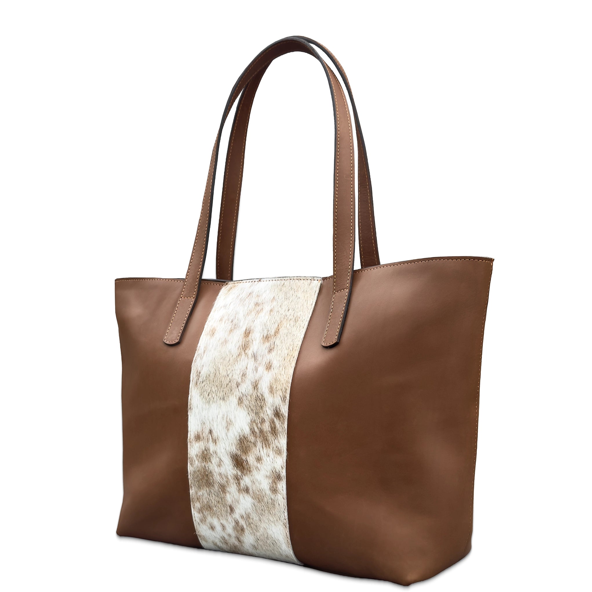 Brown tote bag with a white pattern on a white background