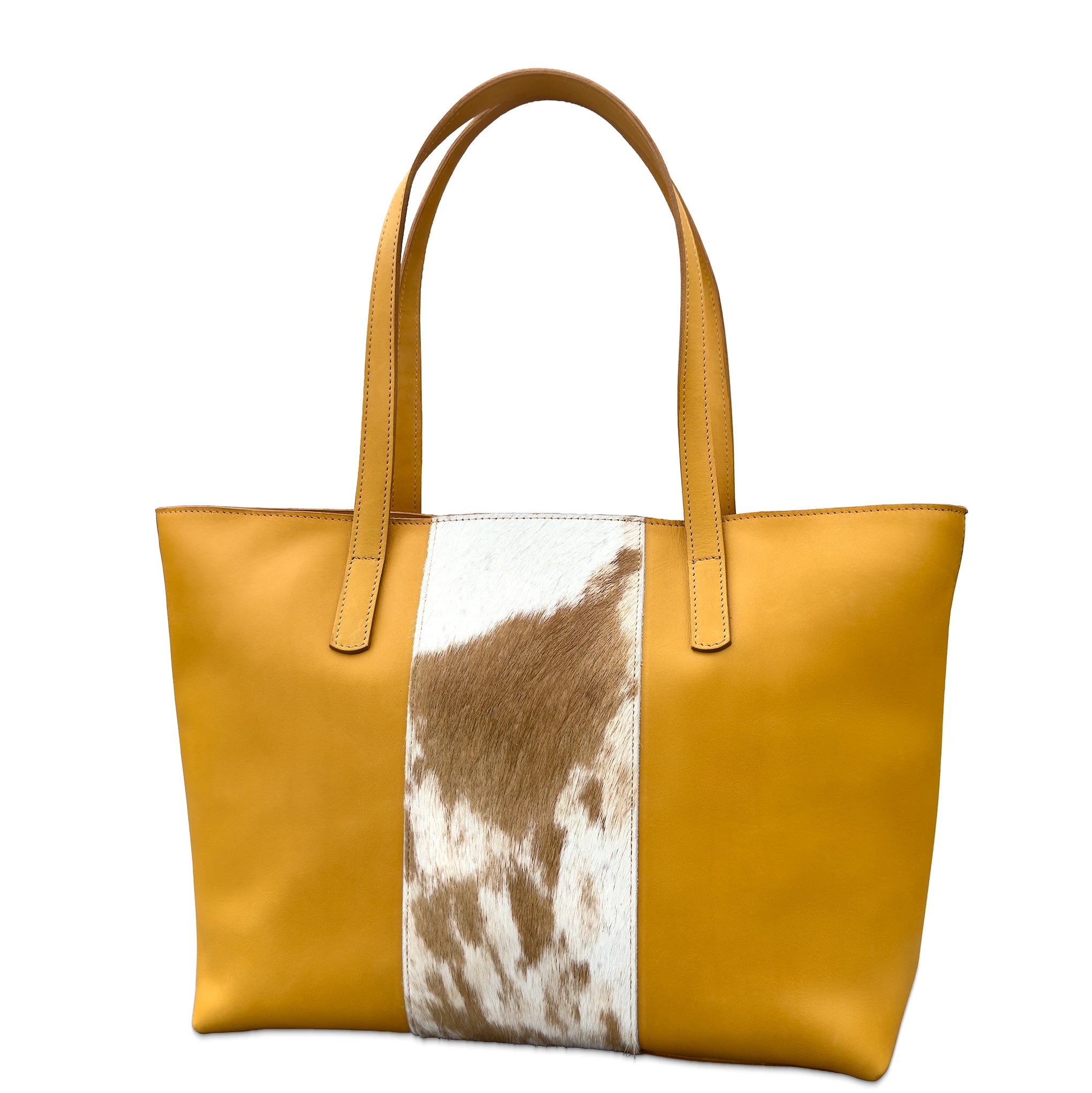 Tan tote bag with cowhide pattern on a white background