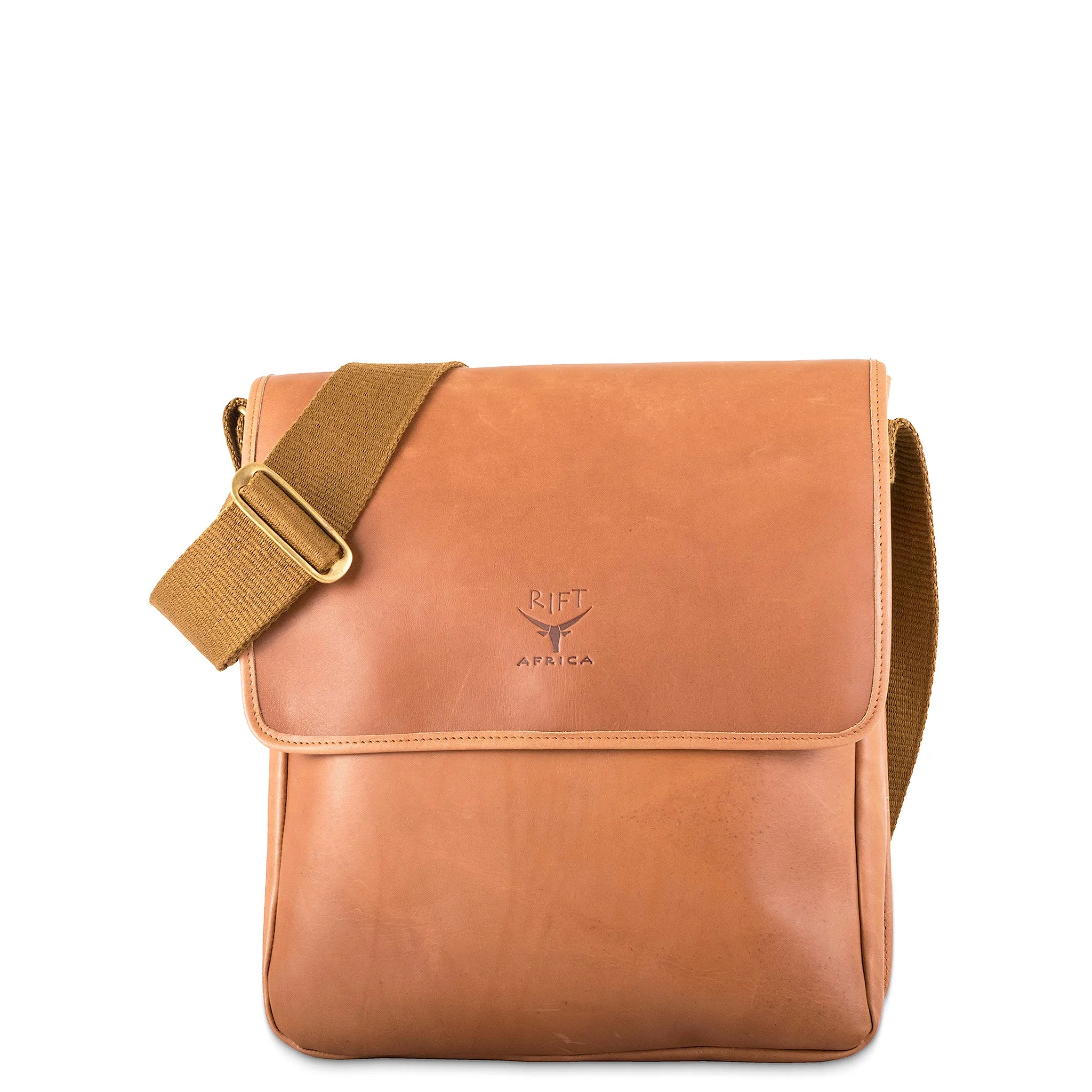 Brown leather shoulder bag with a visible brand logo on a white background