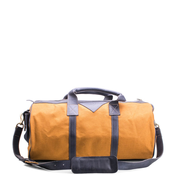 Orange duffel bag with black accents on a white background