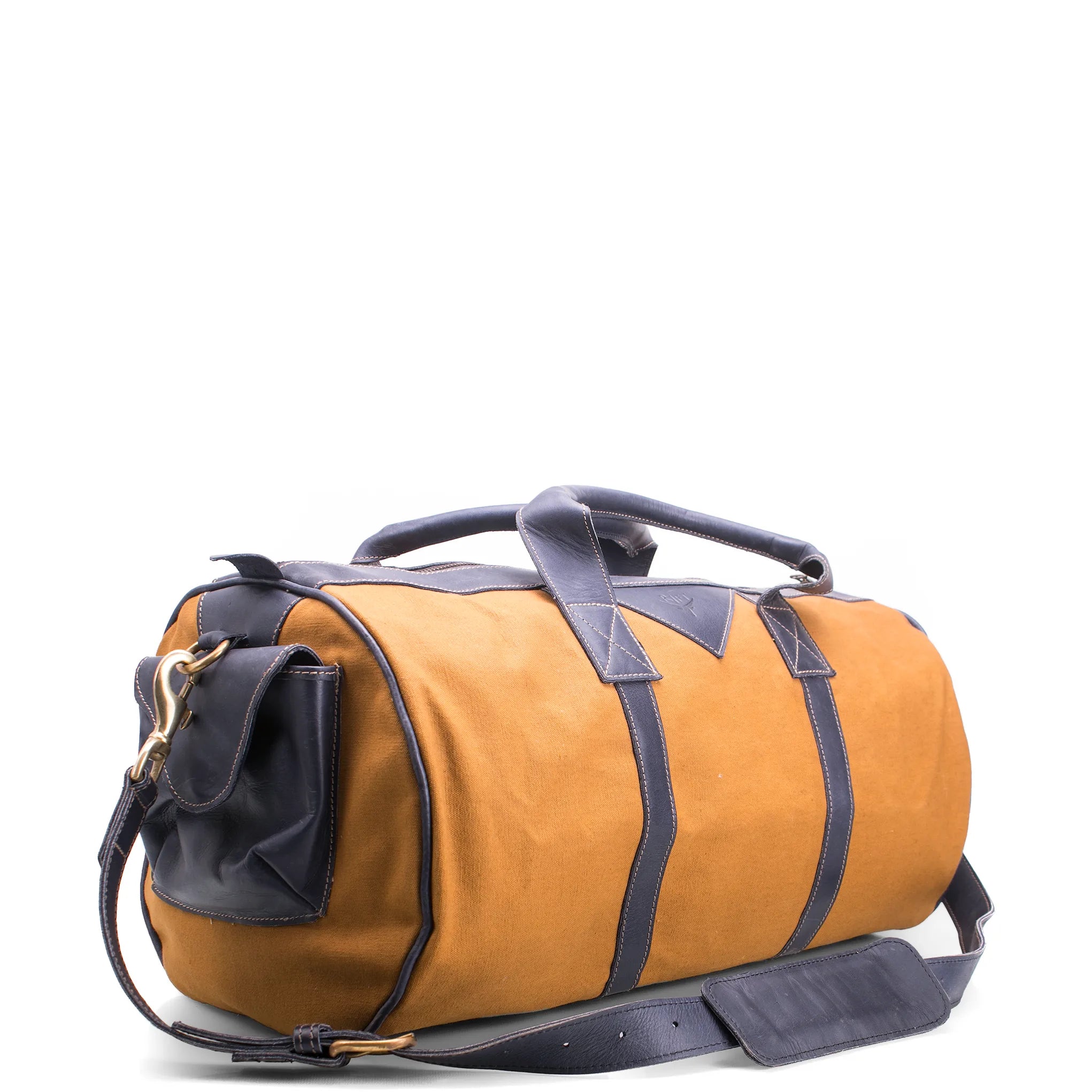 Orange duffel bag with black accents on a white background