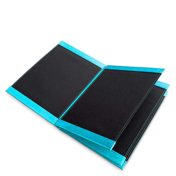 Black leather menu holder with turquoise edges on a white background