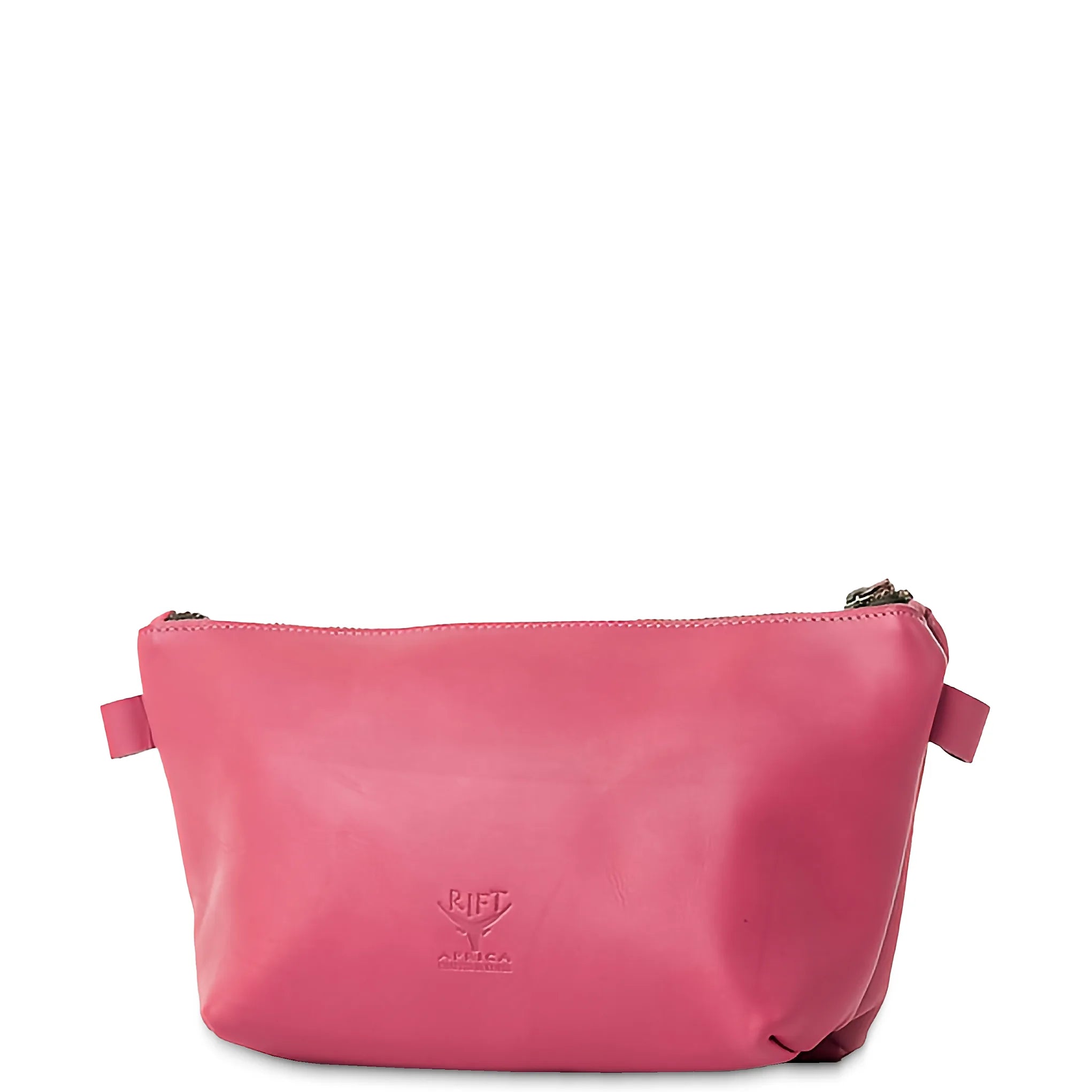 Pink leather bag with a visible brand logo on a white background