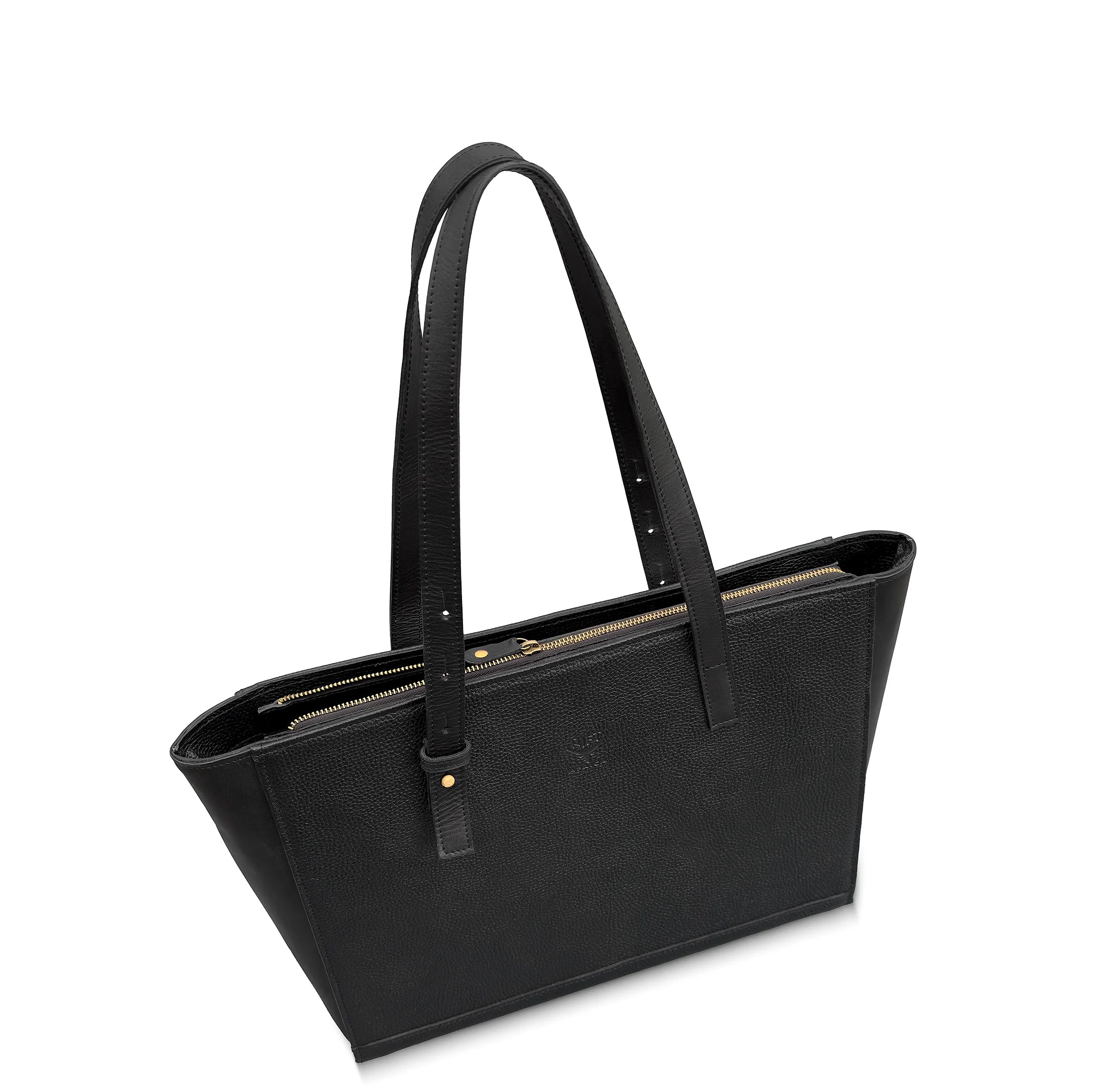 Black handbag with gold zipper on a white background