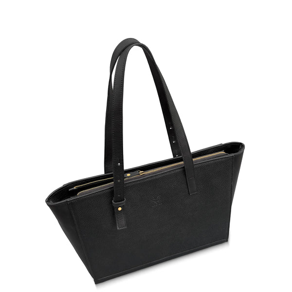 Black handbag with gold zipper on a white background