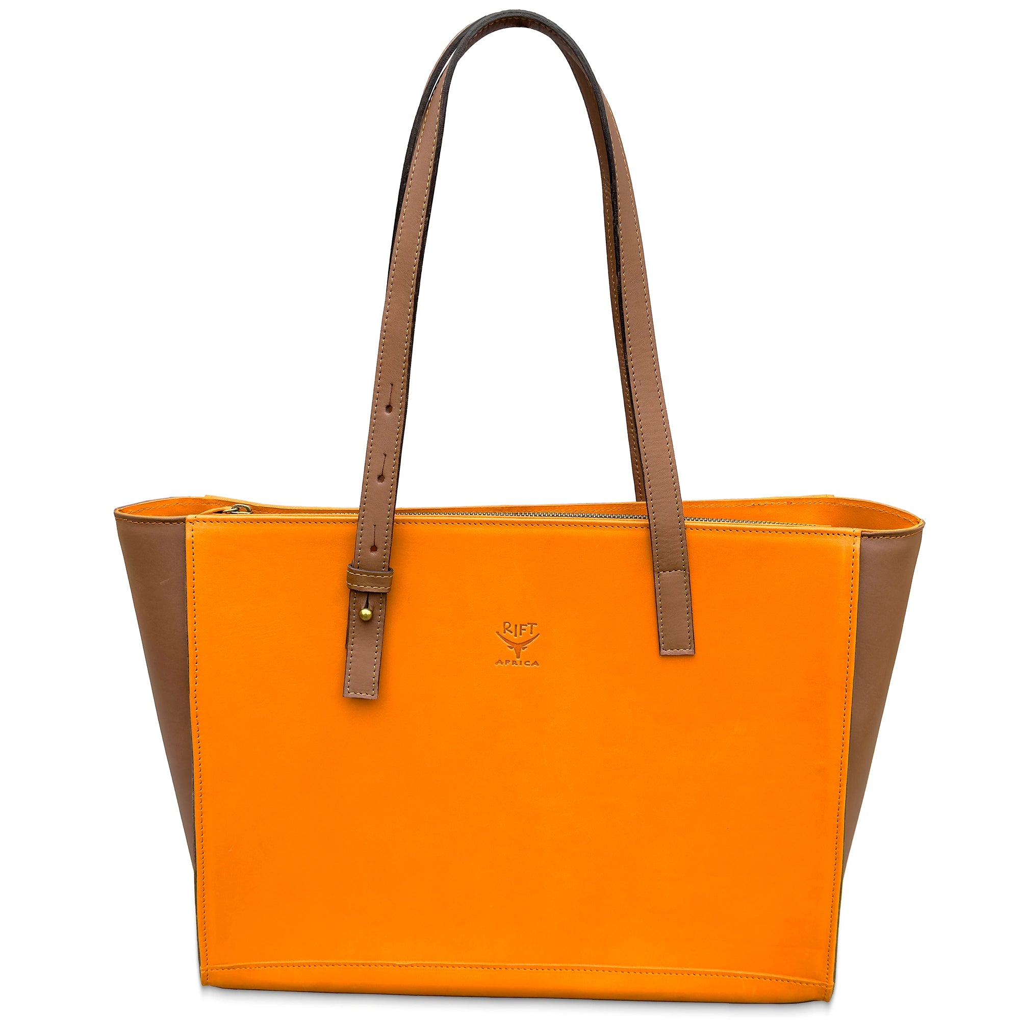 Orange leather tote bag with brown handles on a white background
