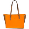 Orange leather tote bag with brown handles on a white background