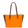 Orange leather tote bag with brown accents on a white background