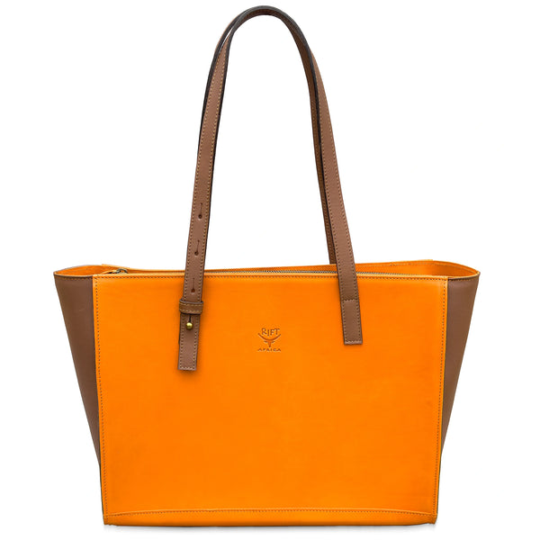 Orange leather tote bag with brown accents on a white background