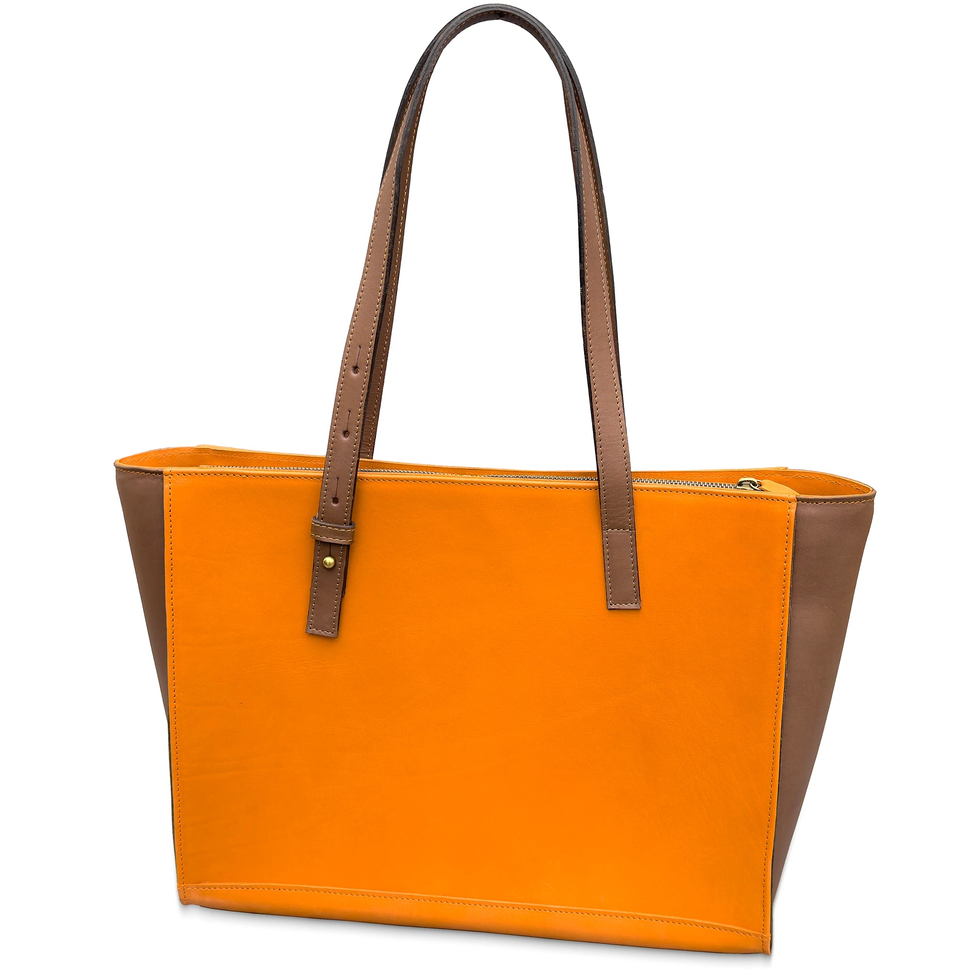 Orange leather tote bag with brown handles on a white background