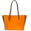 Orange leather tote bag with brown handles on a white background