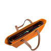 Orange leather handbag with brown handles on a white background