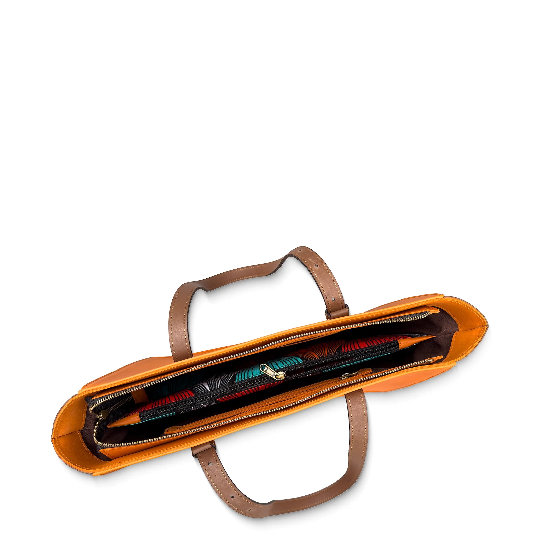 Orange leather  bag with brown handles on a white background