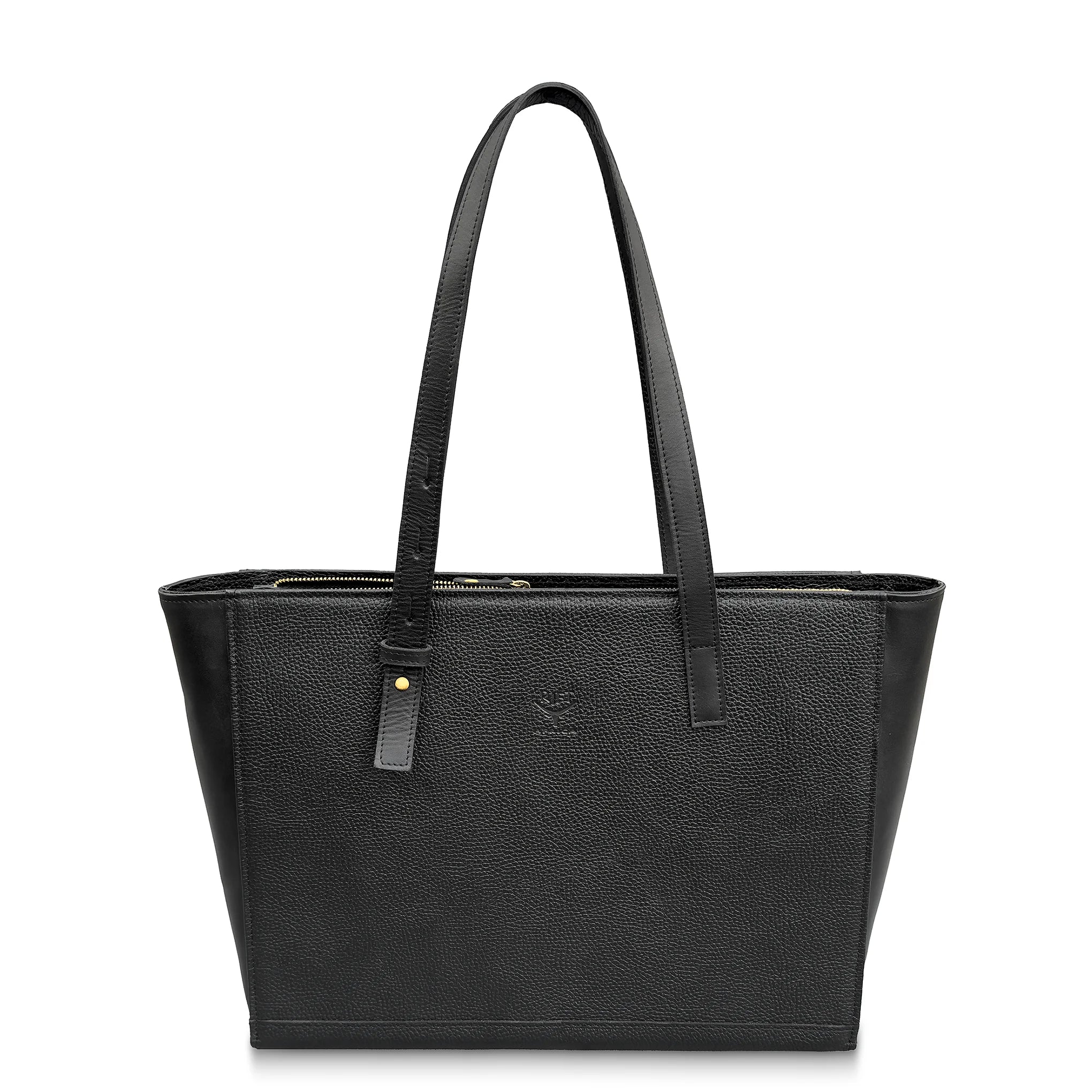Black leather tote bag on a white background