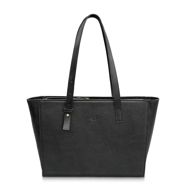 Black leather tote bag on a white background