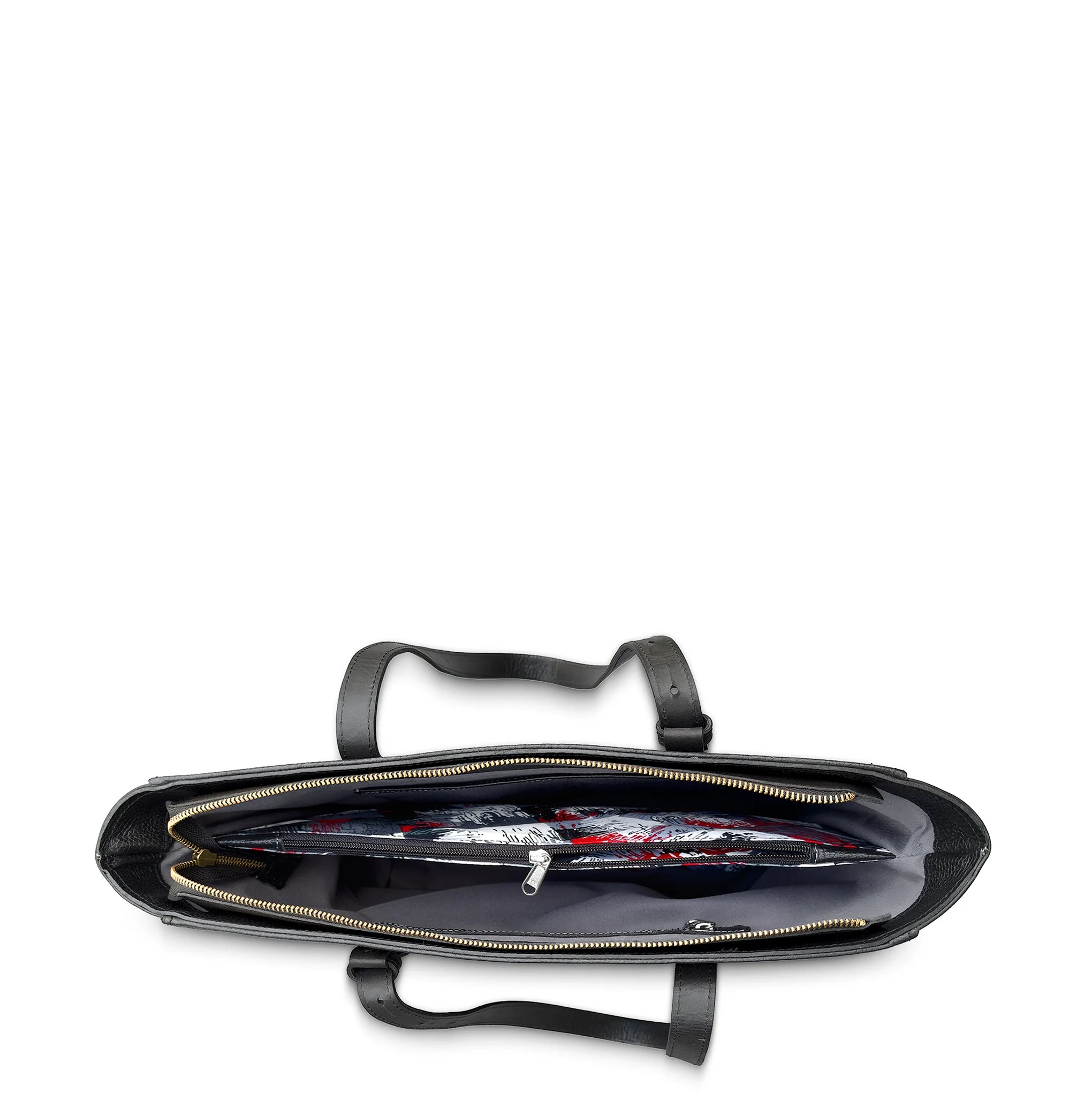 Black briefcase with a zipper open on a white background