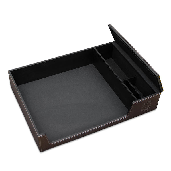Brown desk organizer tray with a lid on a white background