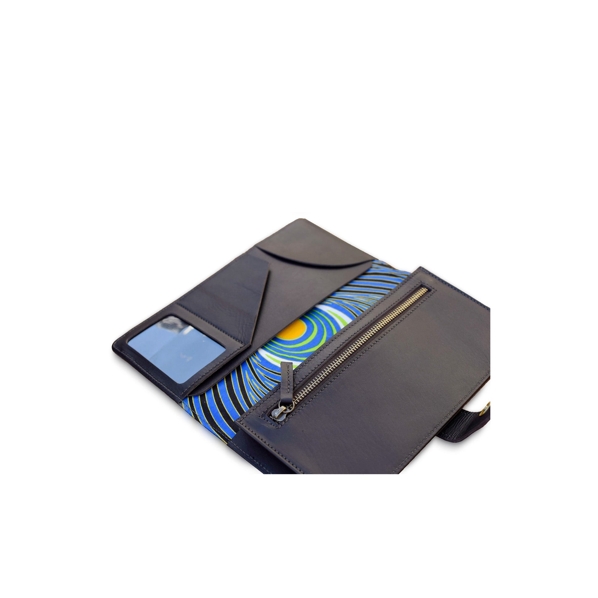 Leather travel wallet with zipper pocket on a white background