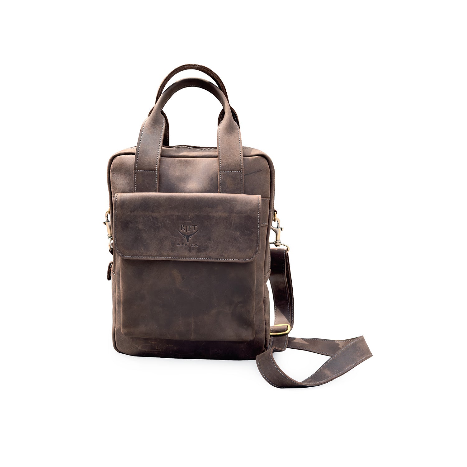 Brown leather laptop bag with a shoulder strap 