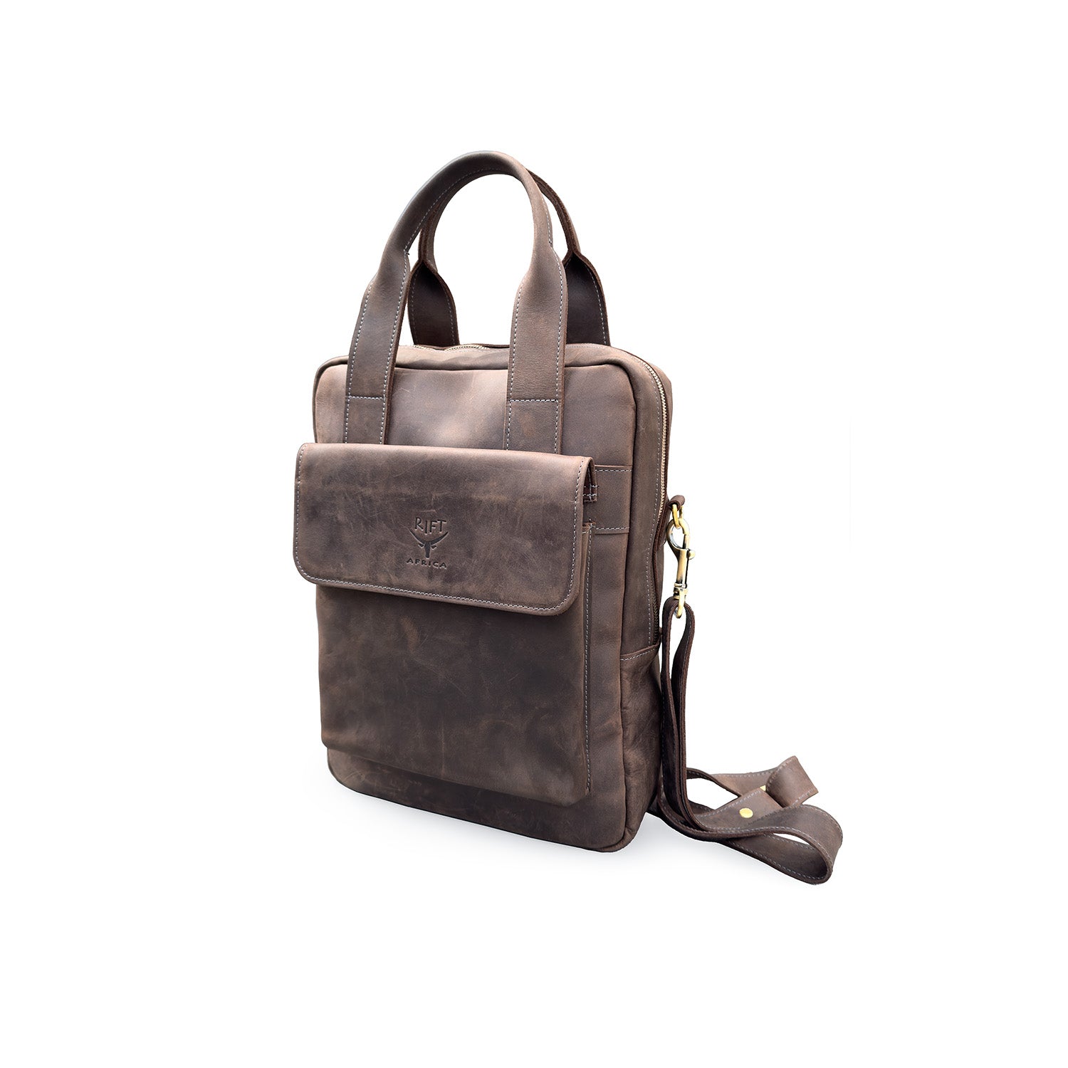 Brown leather laptop bag with a shoulder strap 