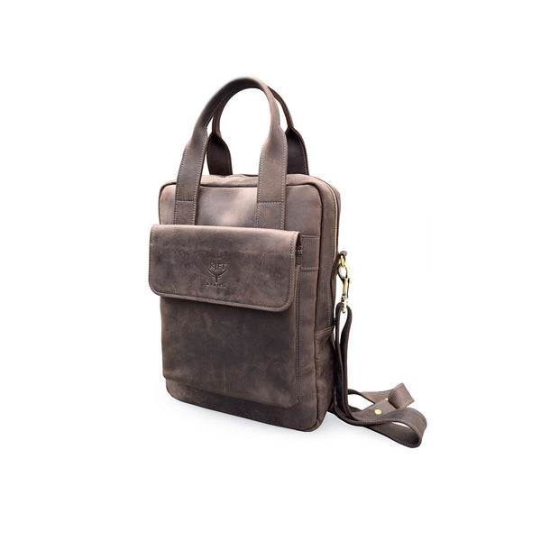 Brown leather laptop bag with a shoulder strap 