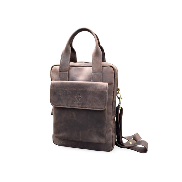 Brown leather laptop bag with a shoulder strap 