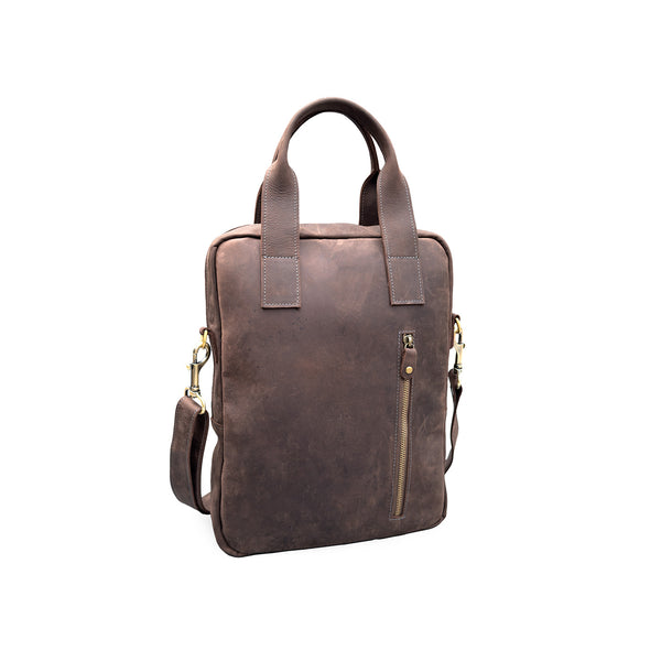 Brown leather laptop bag with a shoulder strap 