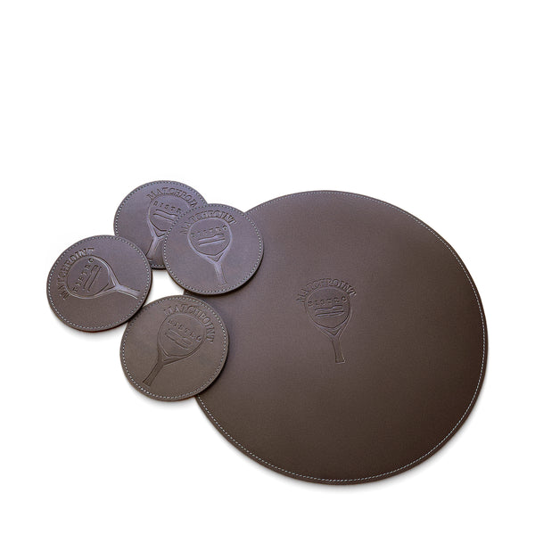 Set of brown leather coasters with a logo on a white background