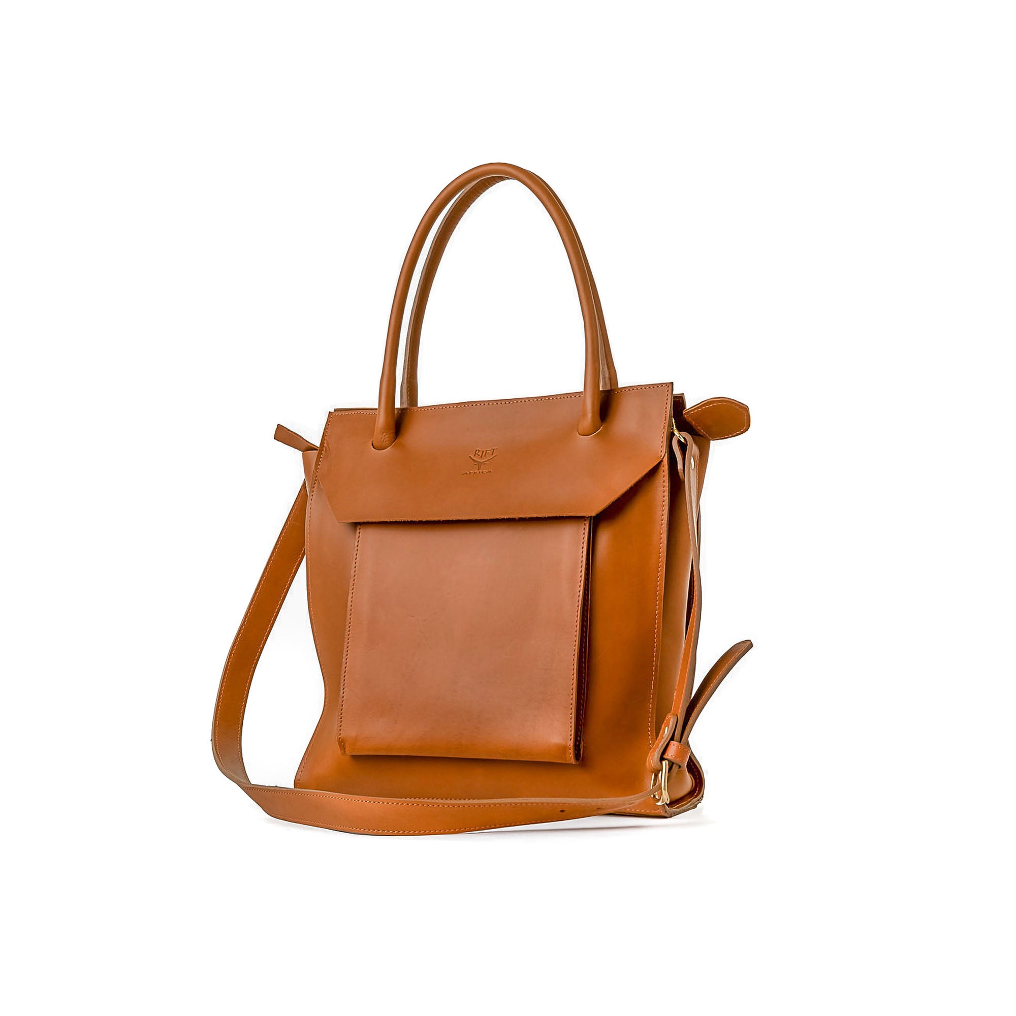 Brown leather handbag with a shoulder 
