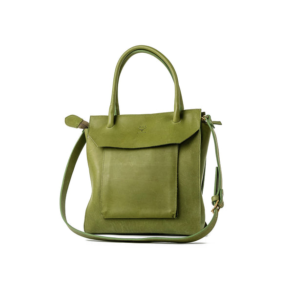 Green leather handbag with a shoulder strap 