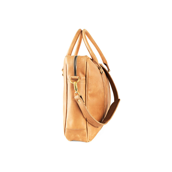 Tan leather briefcase with shoulder strap 