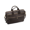 Brown leather briefcase with gold zippers on a white background