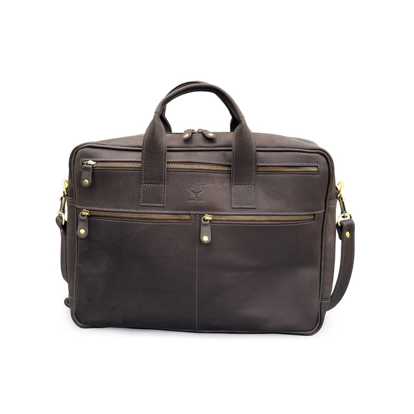 Brown leather bag with gold zippers on a white background