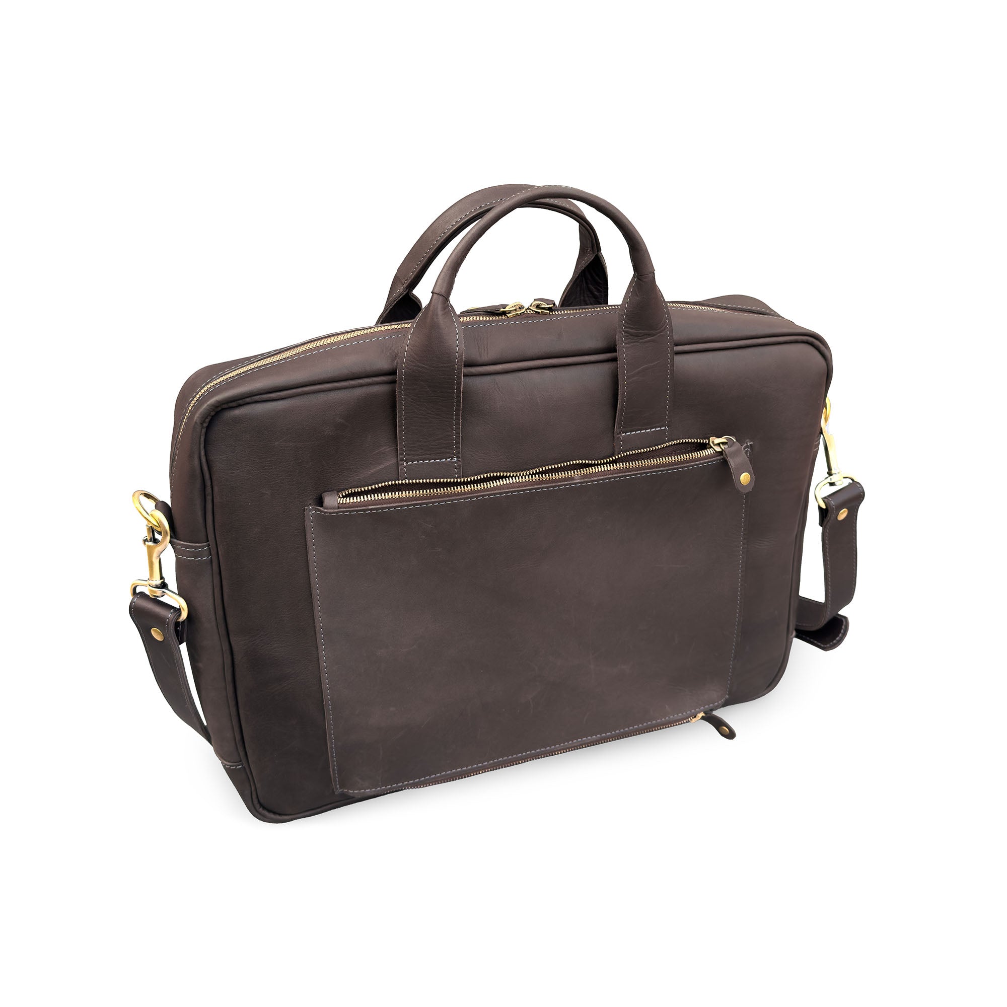 Brown leather briefcase with gold zipper pulls on a white background