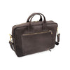 Brown leather briefcase with gold zipper pulls on a white background