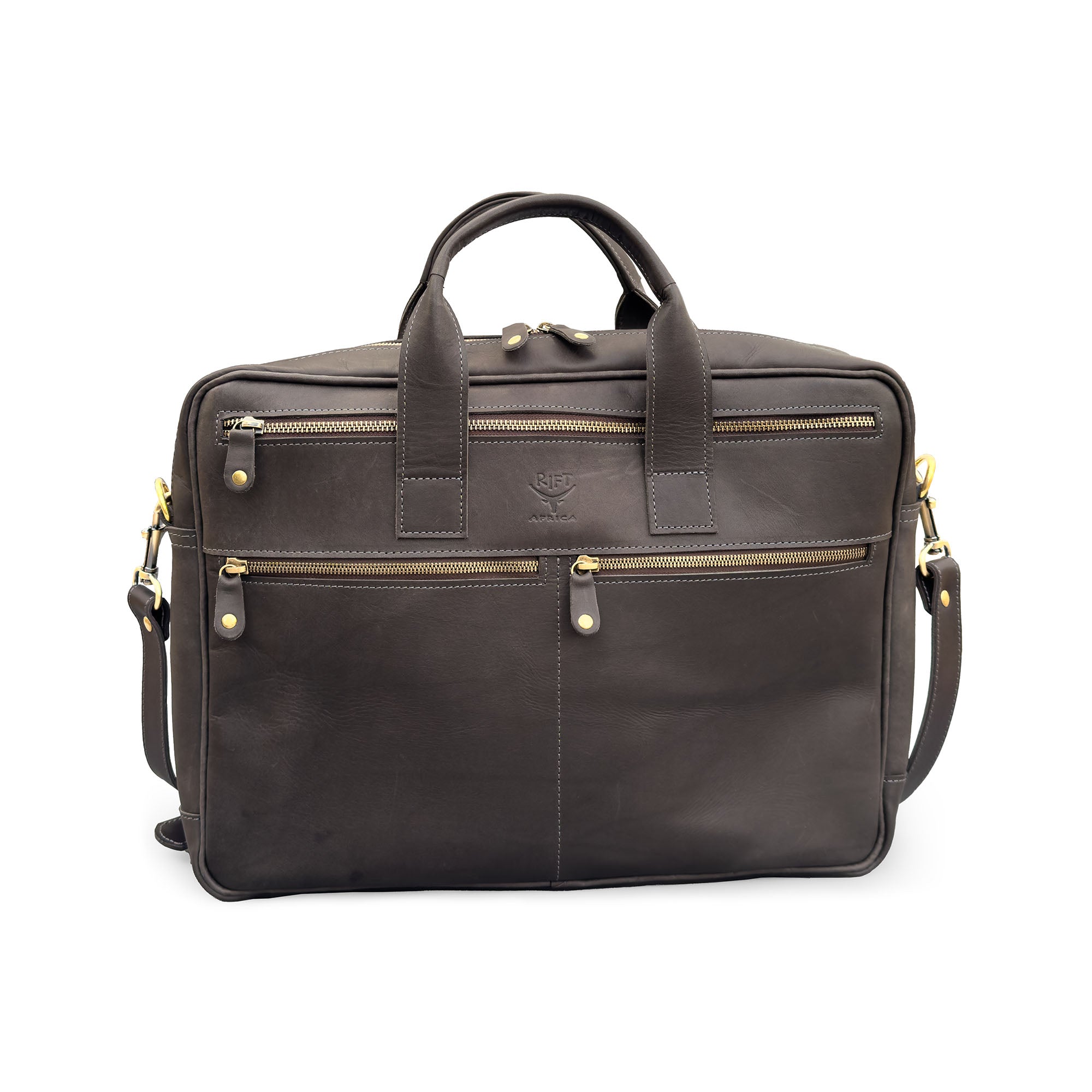 Brown leather bag with gold zippers on a white background