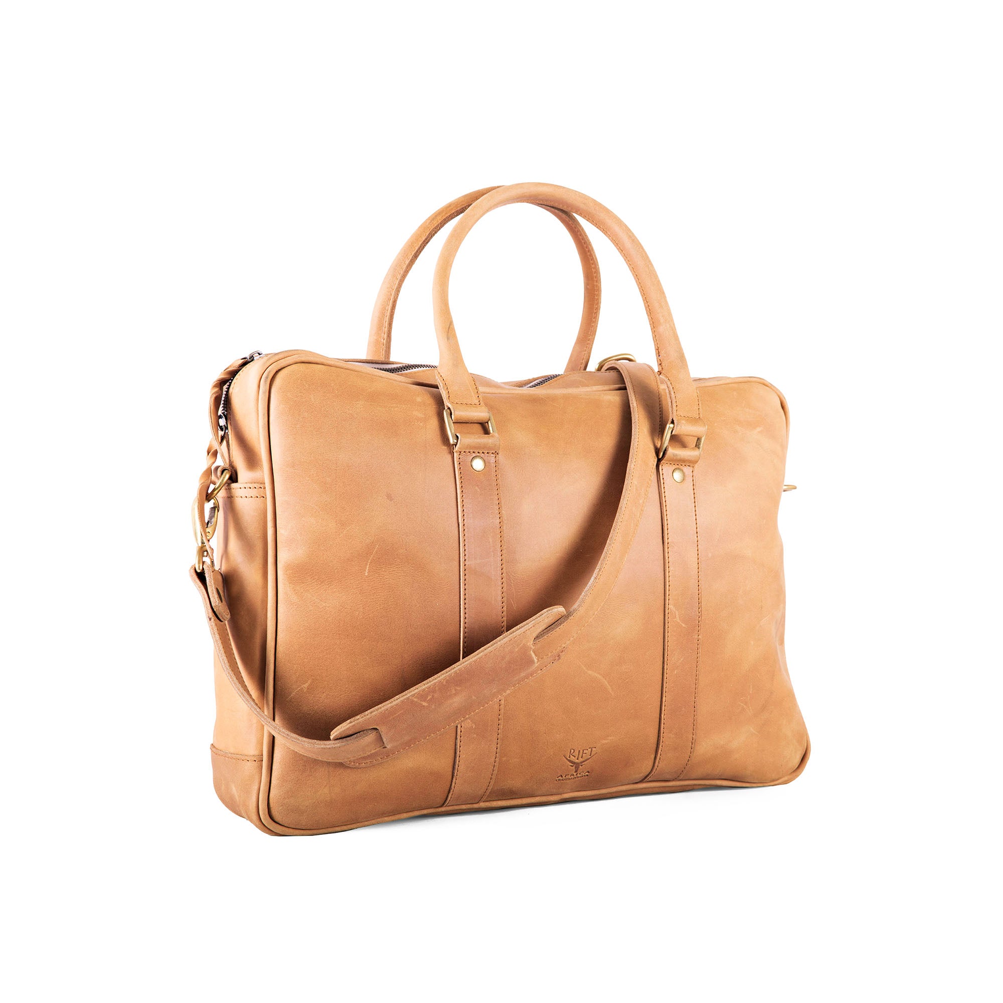 Tan leather briefcase with shoulder strap 