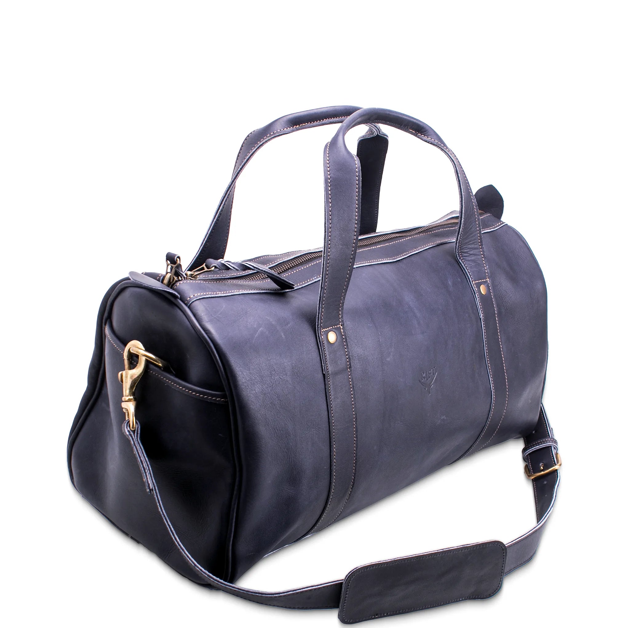 Blue leather duffel bag with gold zipper on a white background