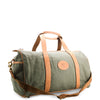 Green duffel bag with brown leather straps on a white background