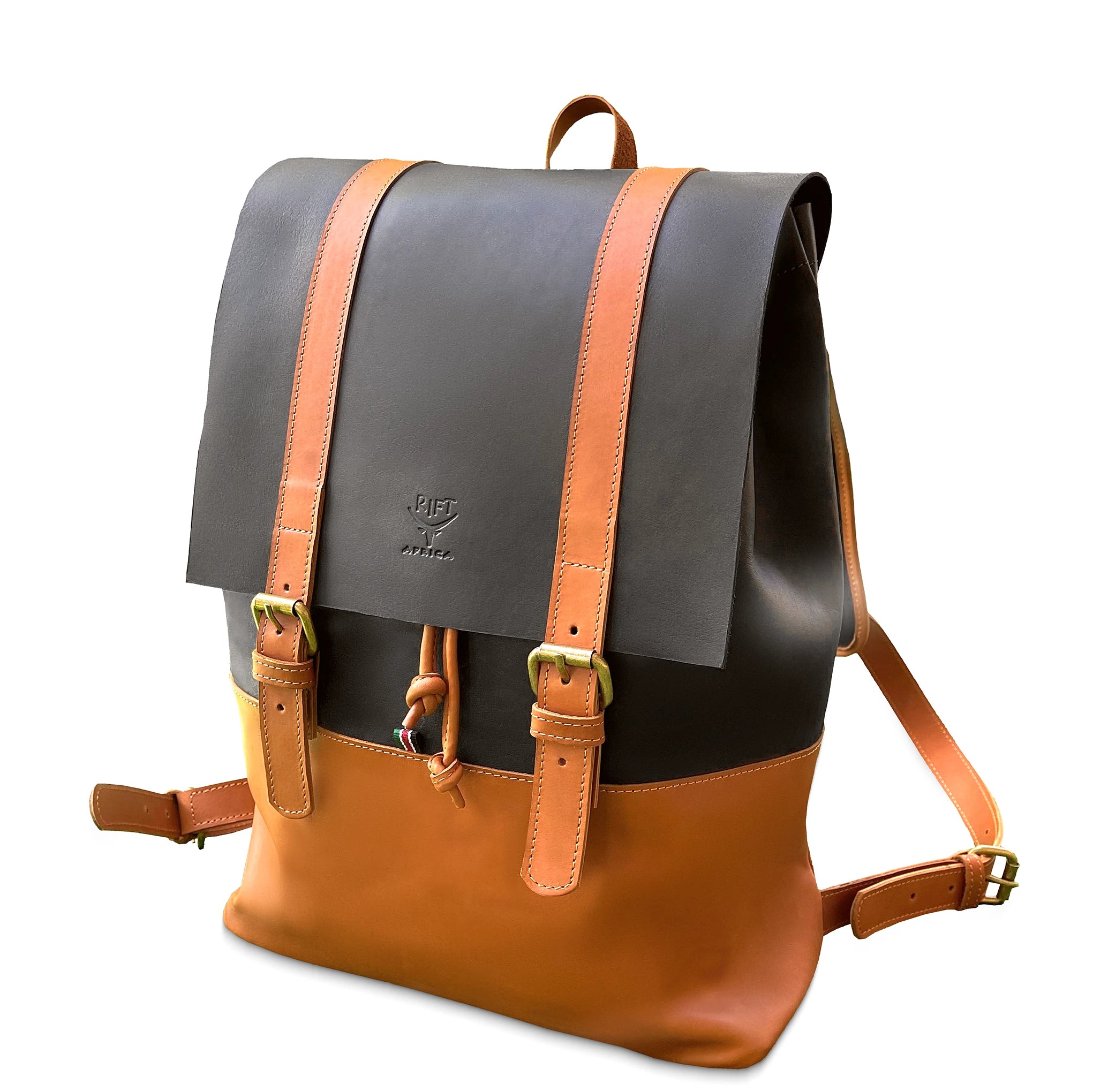 Gray and brown backpack with leather straps on a white background