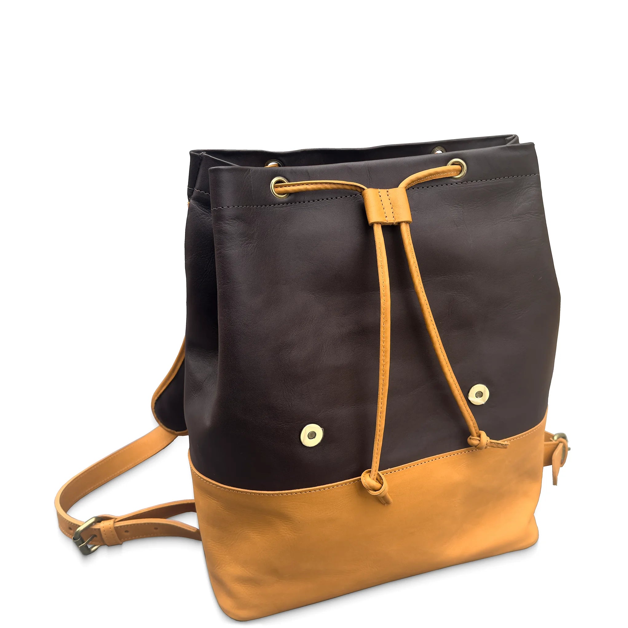 Two-tone leather backpack with drawstring closure, dark brown body and tan base, on white background.