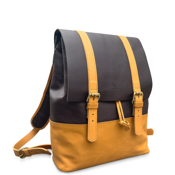 Two-tone leather backpack with flap closure and twin buckle straps, dark brown upper and tan base.