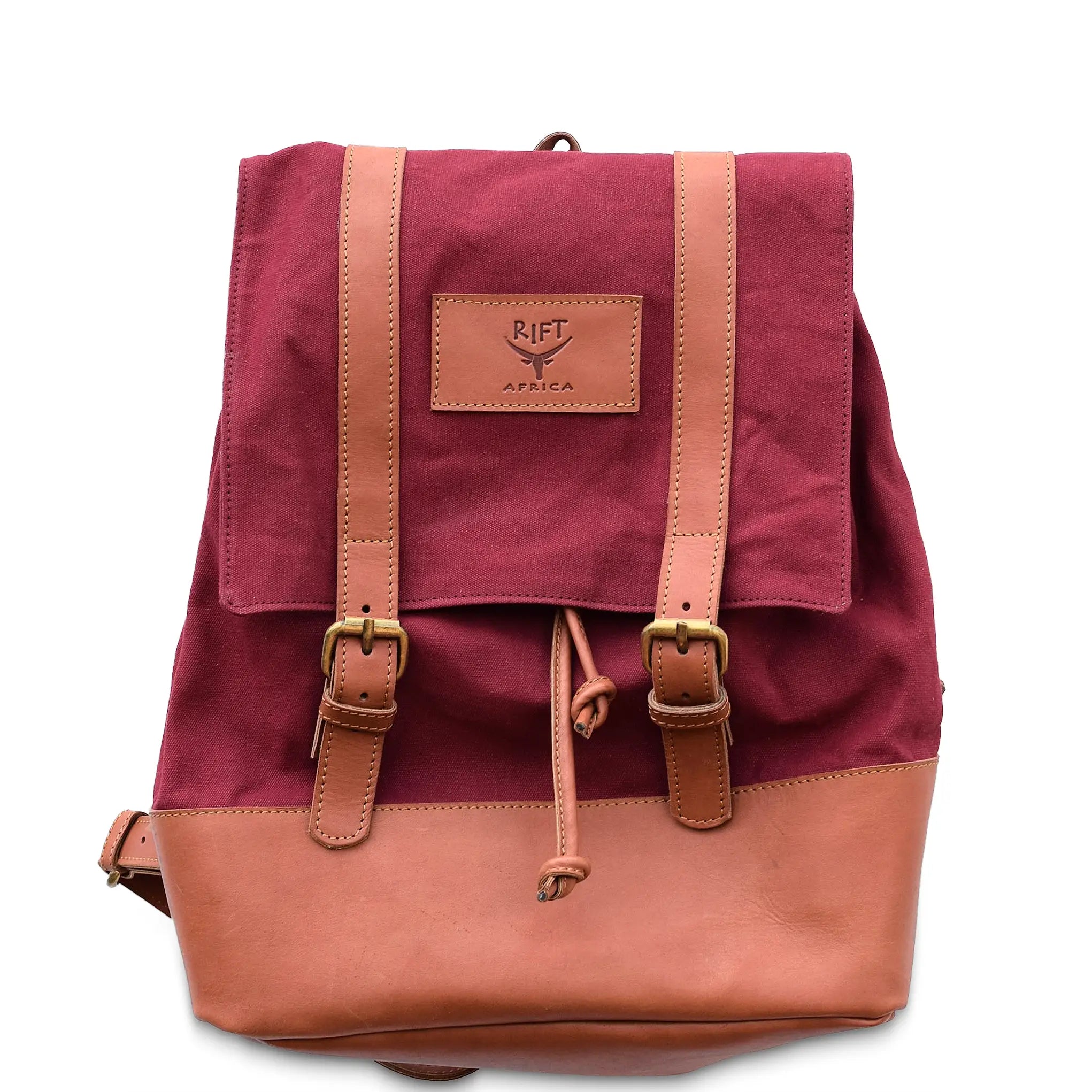 Maroon and brown backpack with a visible brand logo on a white background