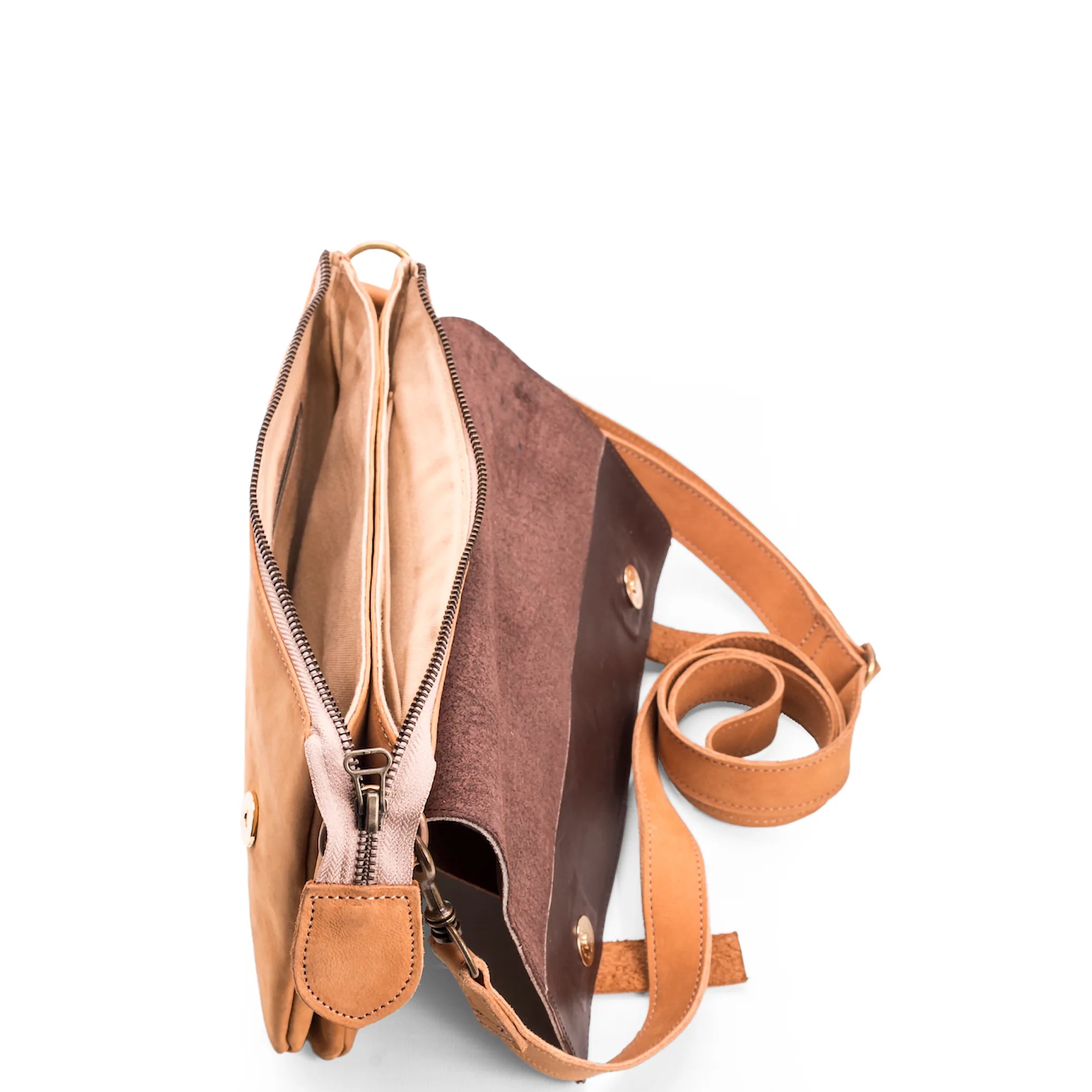 Brown leather crossbody bag with a strap on a white background