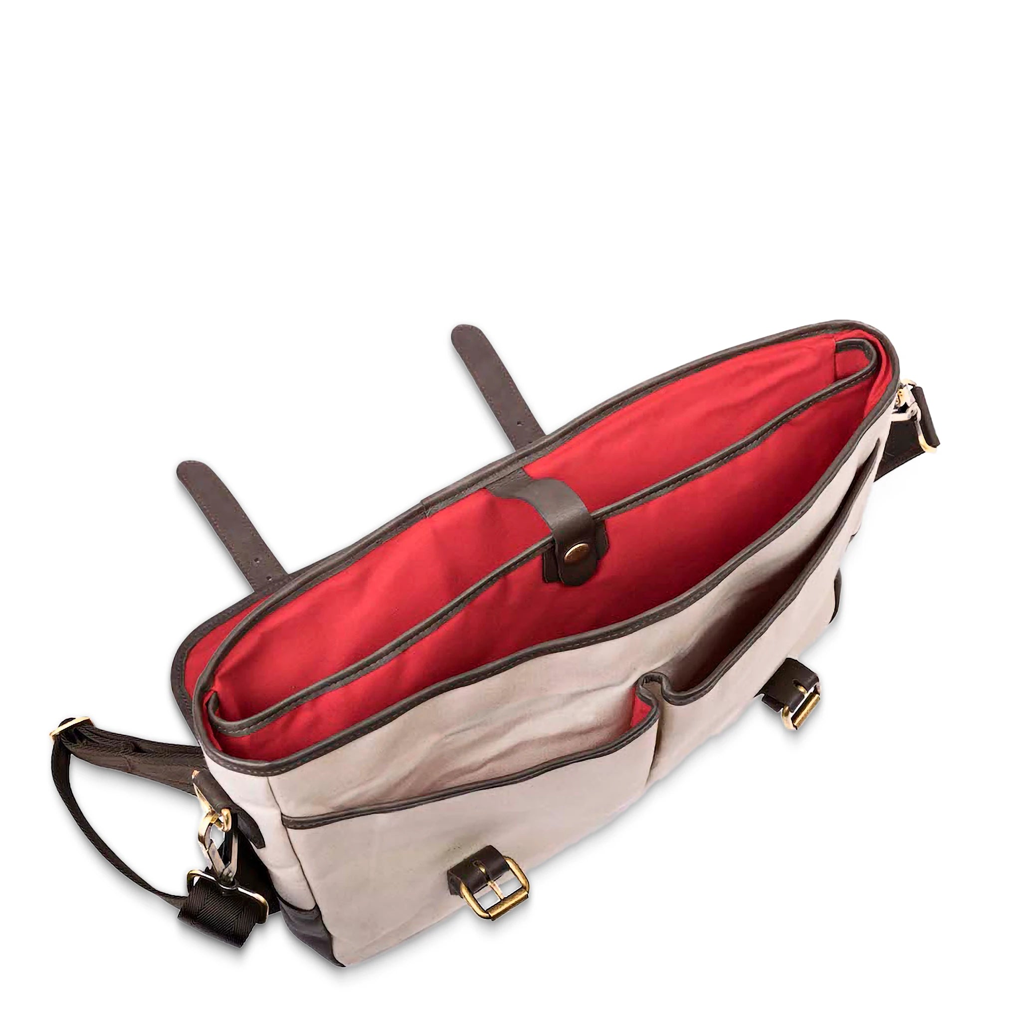 Beige shoulder bag with red interior on a white background