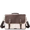 Brown leather and beige fabric satchel bag on a white background