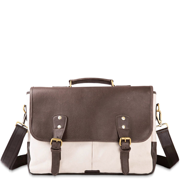Brown leather and beige fabric satchel bag on a white background