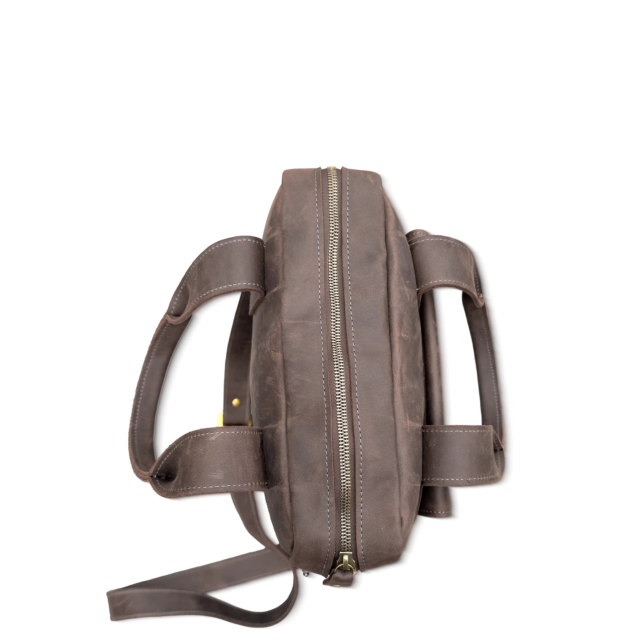 Brown leather backpack with a zipper on a white background